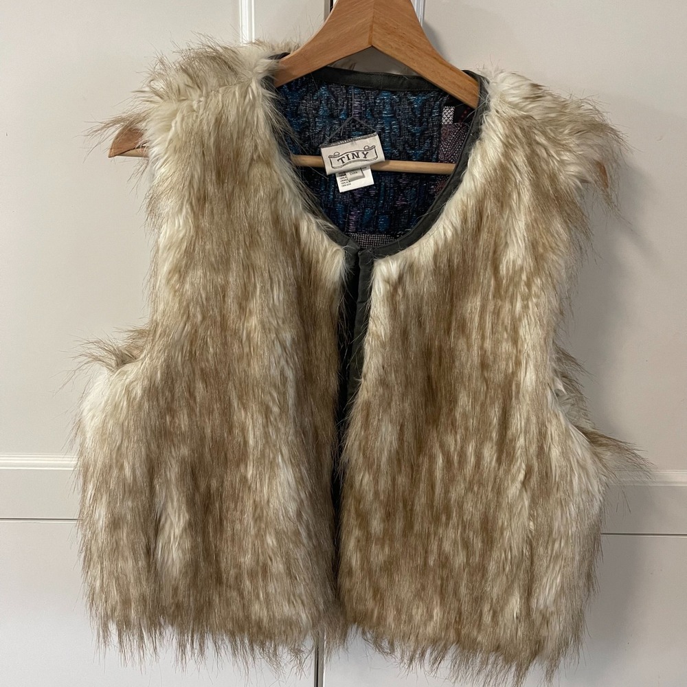 Anthropologie‎ Tiny Reversible Faux Fur Patchwork Silk Vest Brown Blue Small